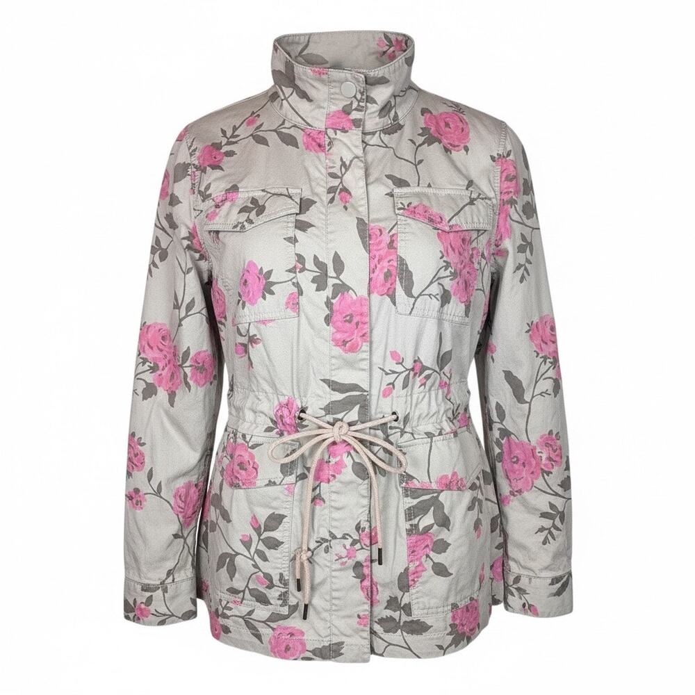 Lane Bryant Floral Utility Jacket Womens 14-16 Pink Gray Anorak Cotton Twill Zip